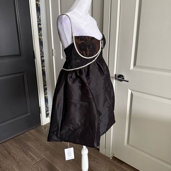 NWT Self-Portrait Black Taffeta Diamante Mini Dress with Lace Trim Size 10 - Picture 4 of 15